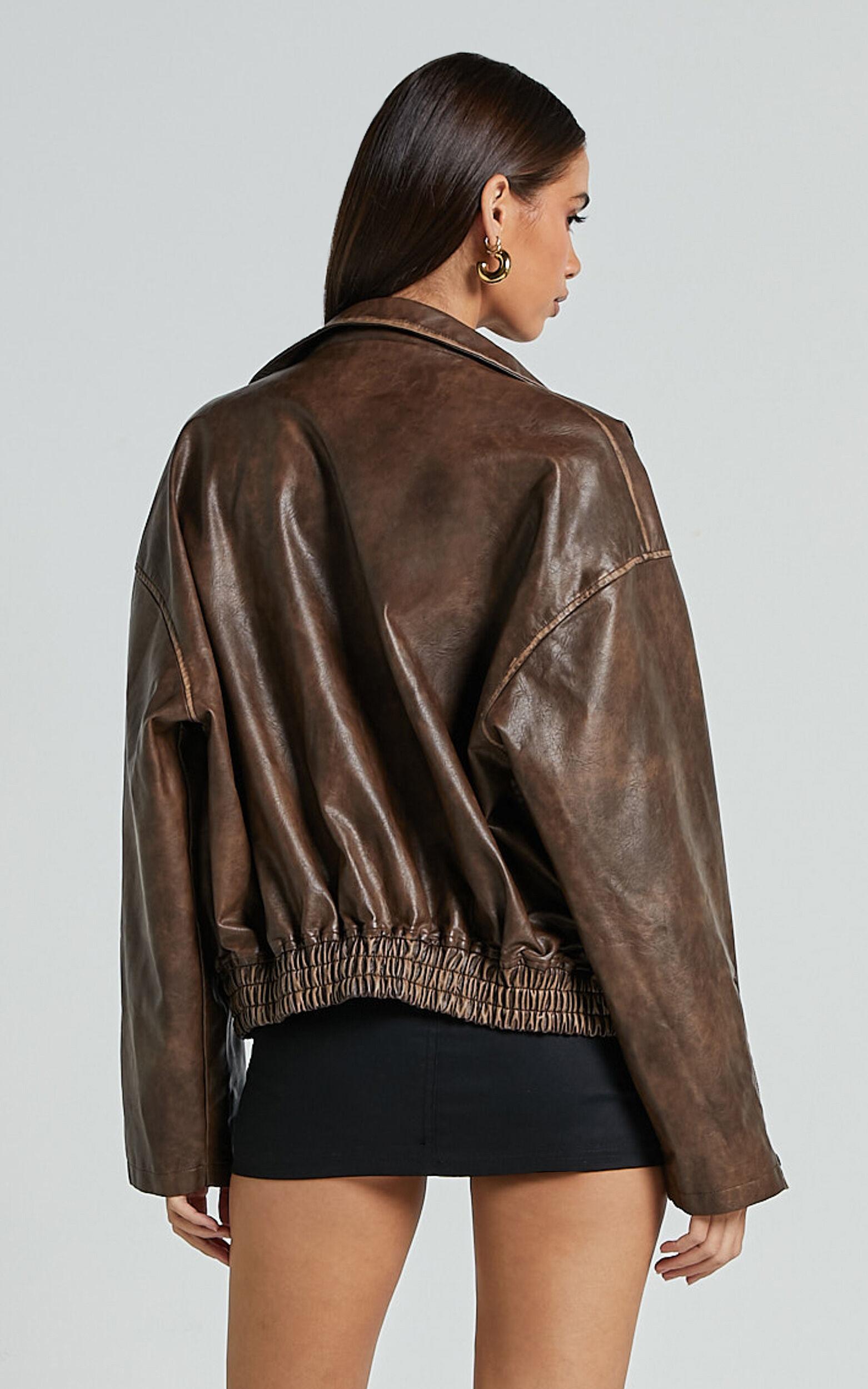 Sophia Jacket - Crop PU Bomber Jacket in Brown Product Image