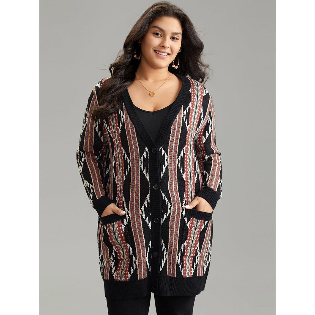 Plus Size Bandana Print Button Down Patched Pocket Tunic Cardigan Multicolor Women Casual Loose Long Sleeve Dailywear Cardigans BloomChic 18-20/2X Product Image