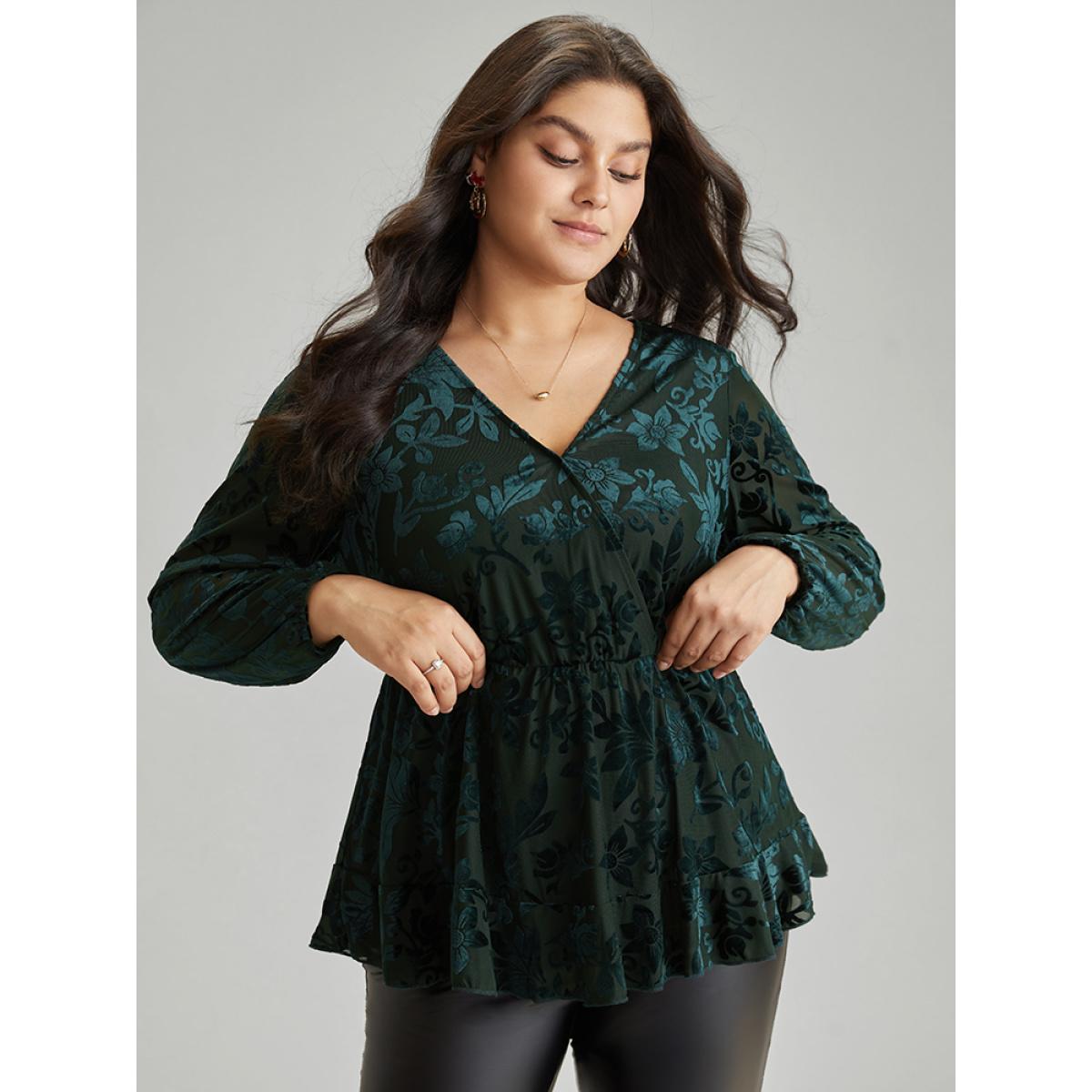 Plus Size DarkGreen Silhouette Floral Print Plain Velvet Texture Wrap Blouse Women Elegant Long Sleeve Overlap Collar Party Blouses BloomChic 26/4X Product Image