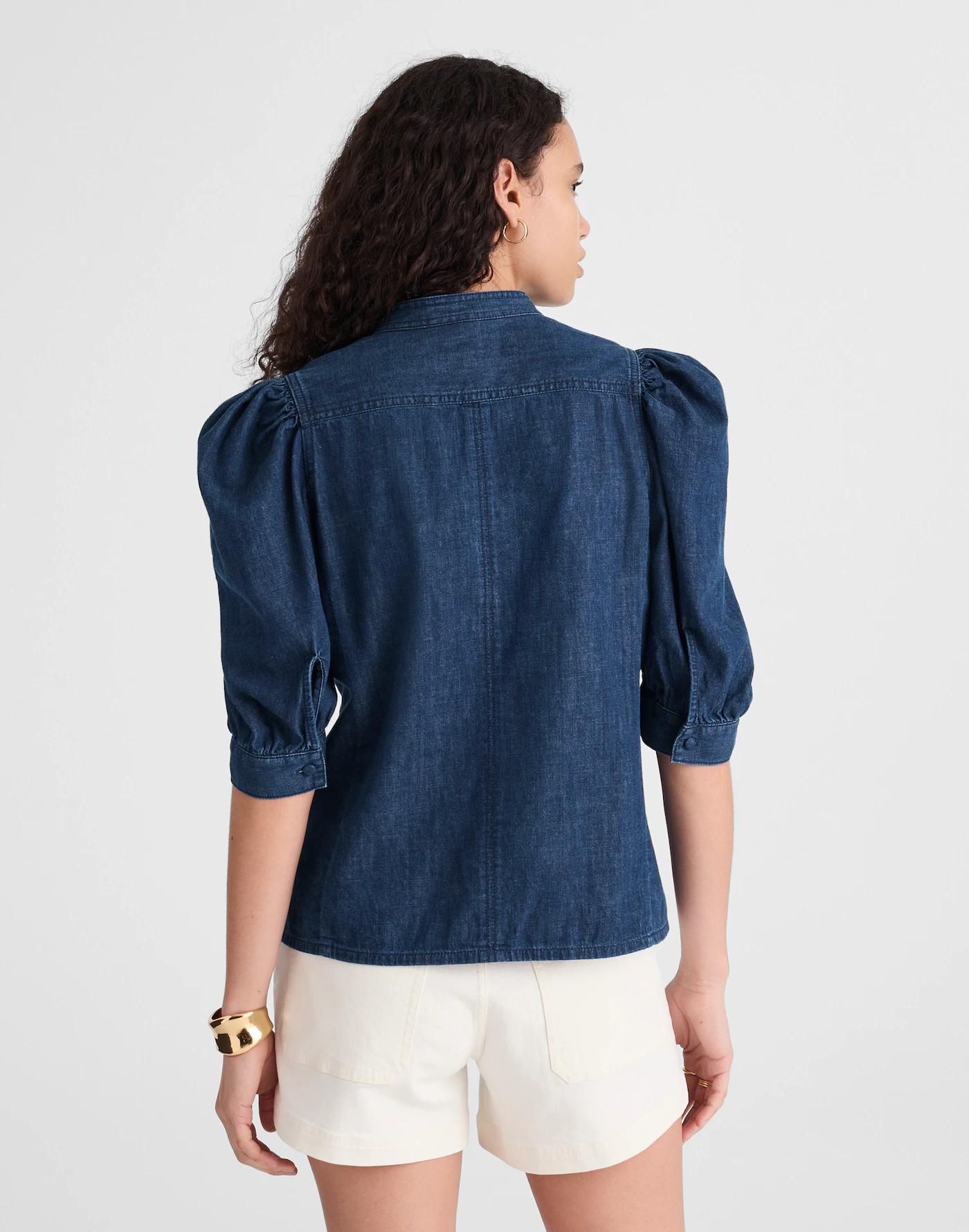 Denim Puff-Sleeve Band-Collar Shirt Product Image