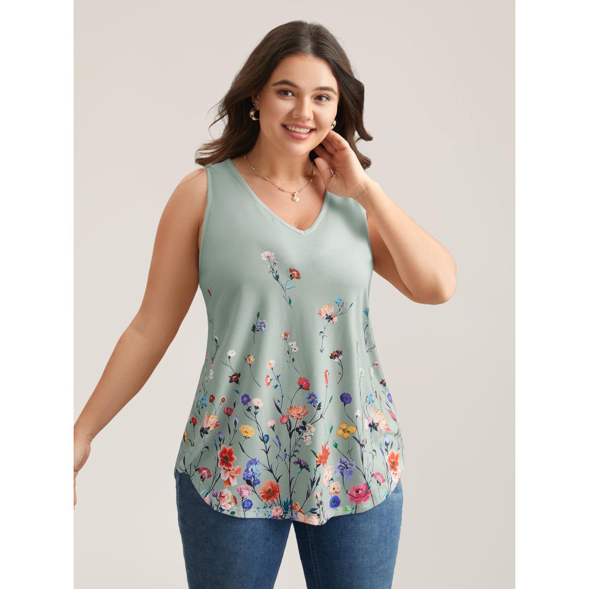 Plus Size Blooming Flowers Print Stretchy Vest Women SlateGray Timeless Non V-neck Elegant Tank Tops Camis BloomChic 14-16/1X Product Image