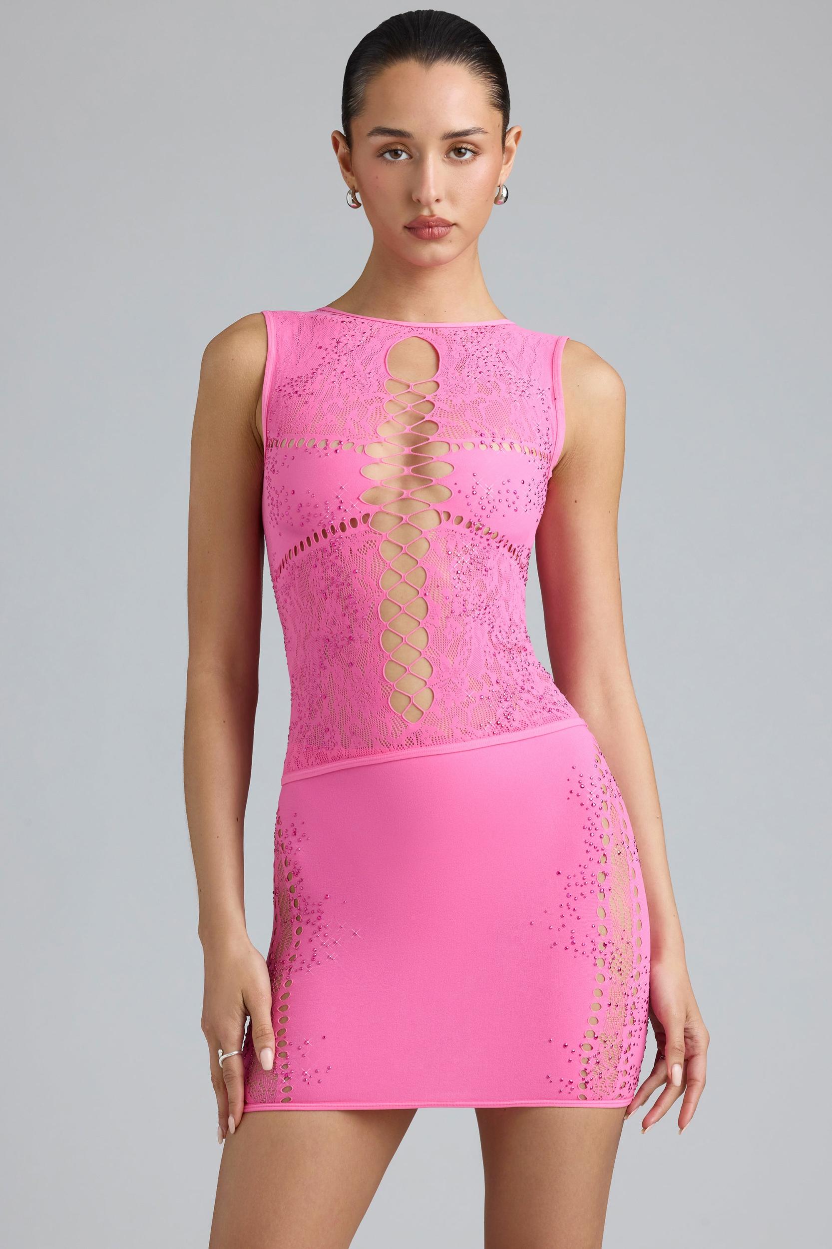 Embellished Mid-Rise Mini Skirt in Bubblegum Pink Product Image