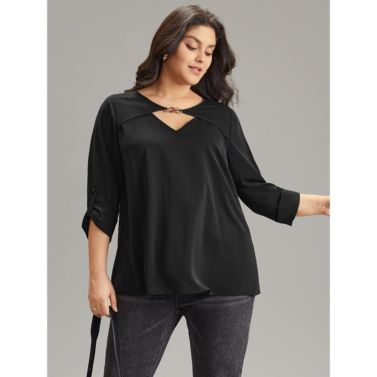 Plus Size Black Static-Free Plain Keyhole Chain Detail Blouse Women Office Long Sleeve Keyhole Cut-Out Office Blouses BloomChic 14-16/1X Product Image