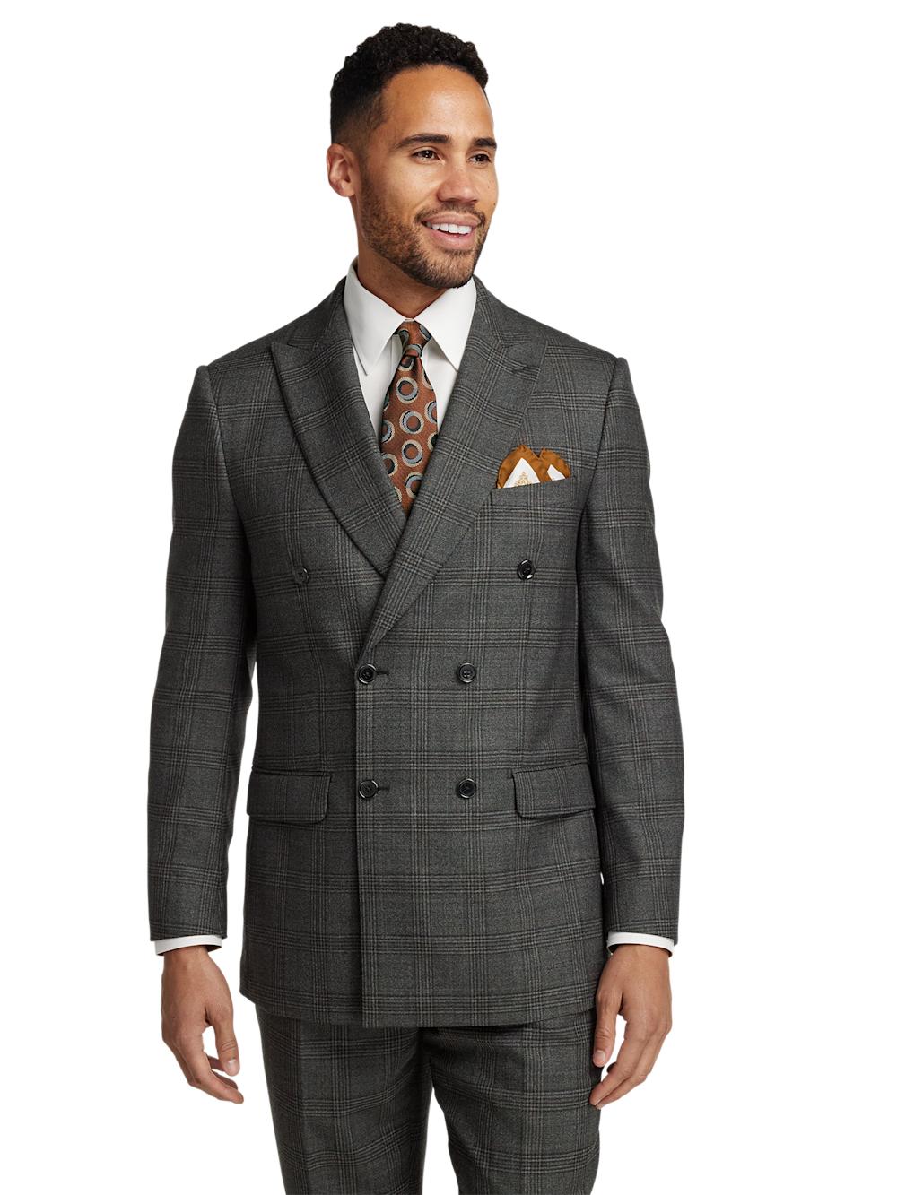 Wool Plaid Double Breasted Peak Lapel Suit - Charcoal Product Image