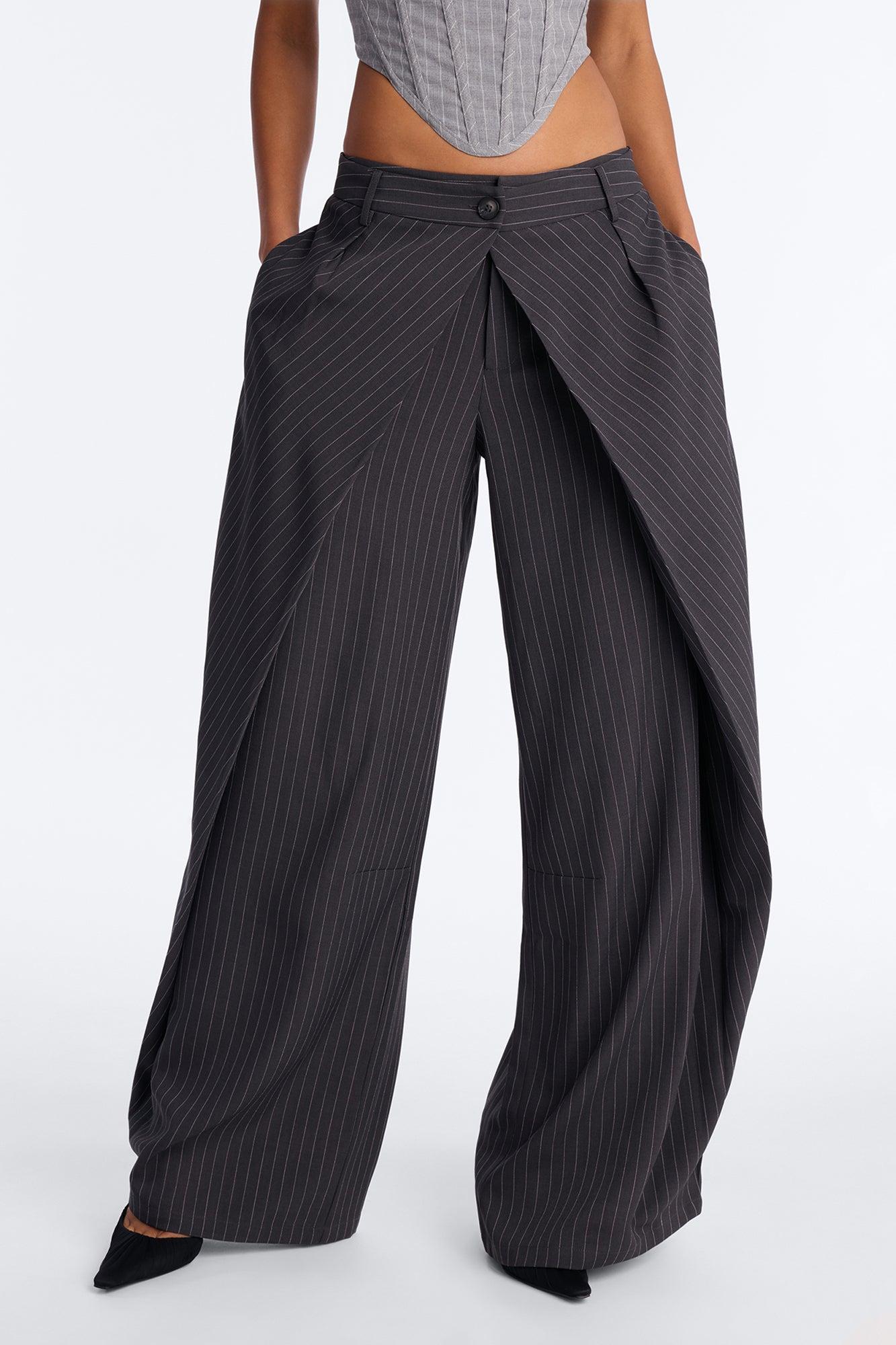 Margaret Mid Rise Wide Leg Front Wrap Trouser Pant 33″ - Charcoal Female Product Image