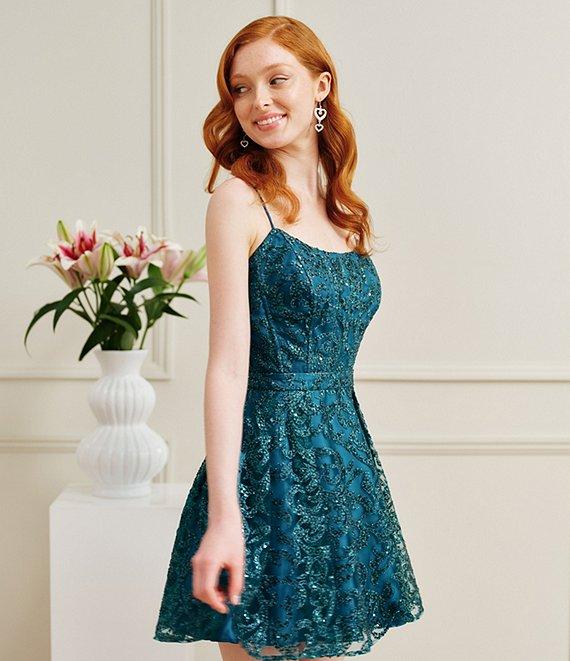 Blondie Nites Glitter Patterned Scoop Neck Lace Up Tie Back Party Dress Product Image