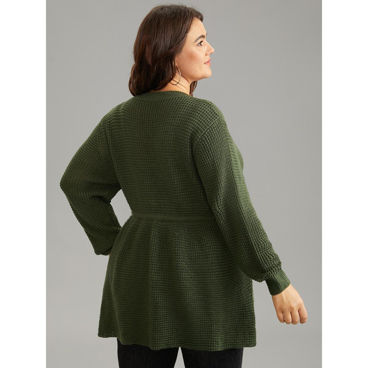 Plus Size Solid Drawstring Curved Hem Knit Pullover ArmyGreen Women Casual Long Sleeve V-neck Everyday Pullovers BloomChic 28/5X Product Image