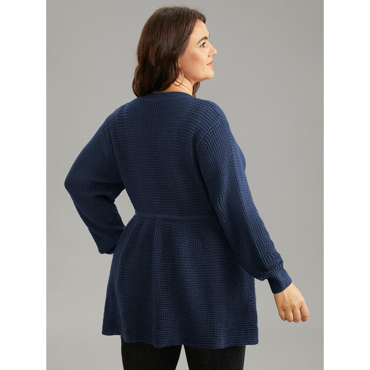 Plus Size Solid Drawstring Curved Hem Knit Pullover Midnight Women Casual Long Sleeve V-neck Everyday Pullovers BloomChic 22-24/3X Product Image