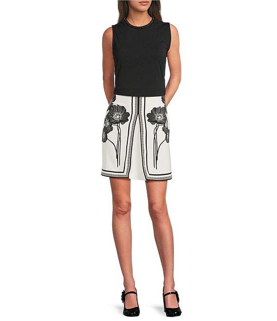 KARL LAGERFELD PARIS Silky Crepe Floral Print A-Line Mini Skirt Product Image