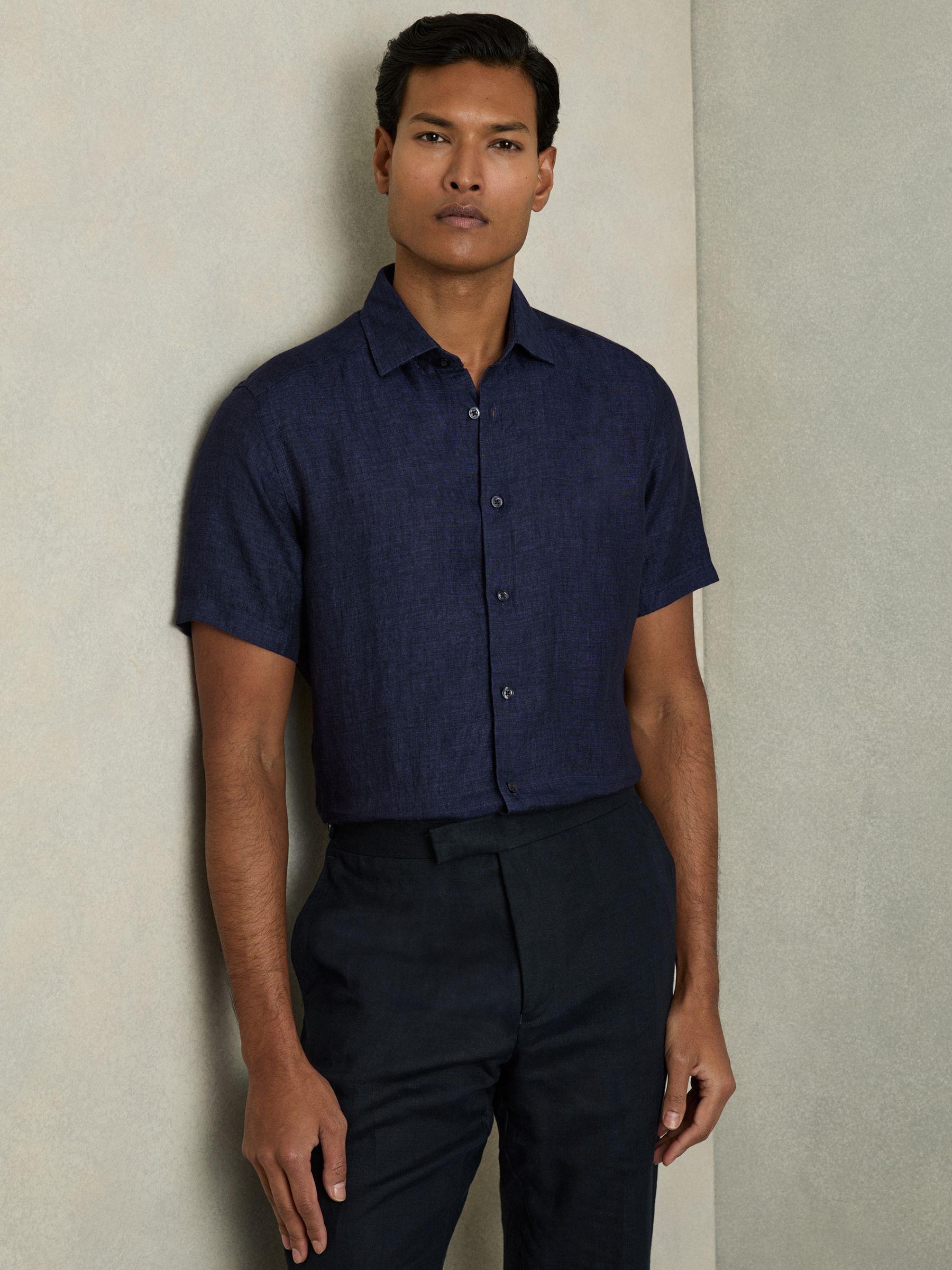 Slim Fit Linen Button-Through Shirt in Navy Product Image