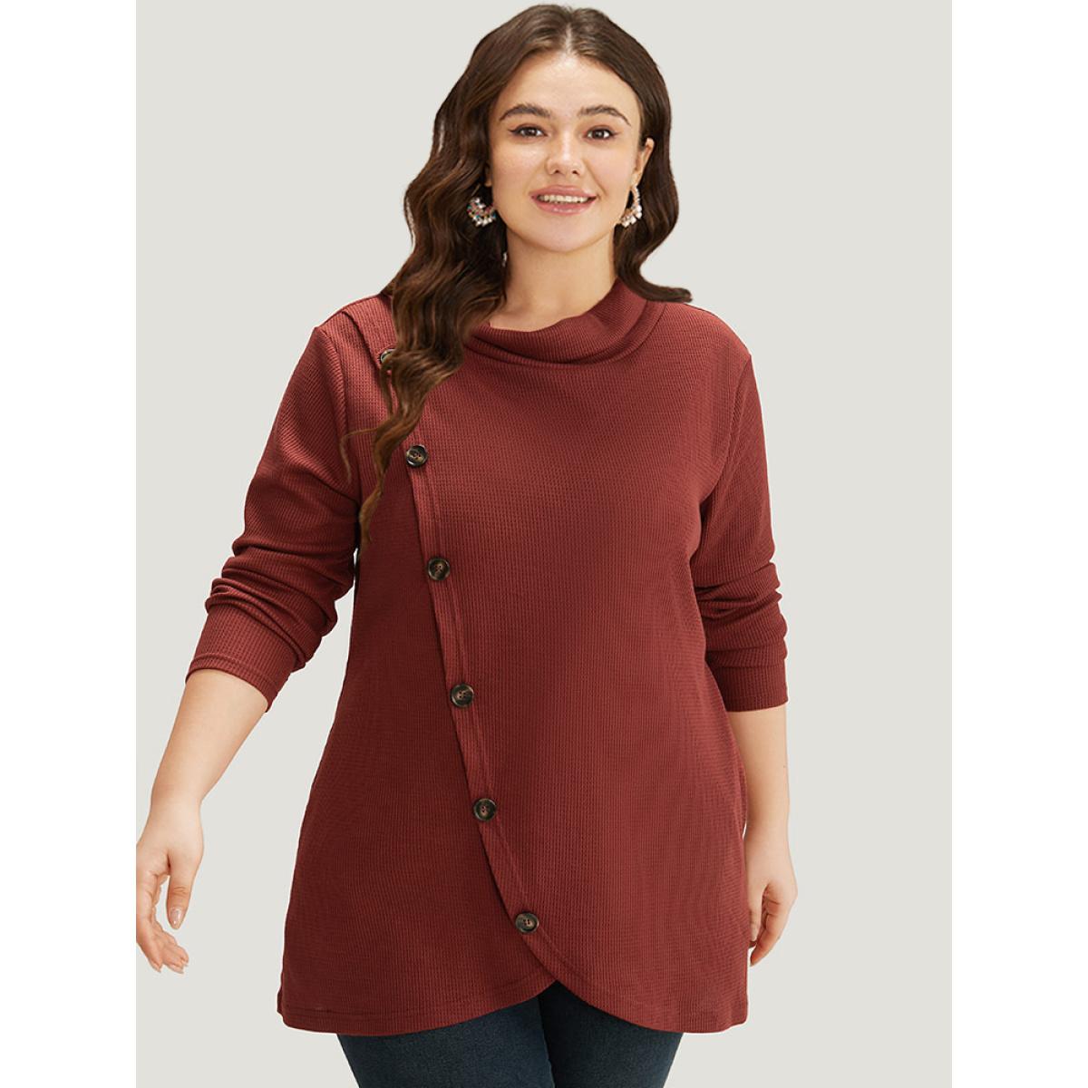 Plus Size Rib Knit Mock Neck Wrap Pocket Button Detail Sweatshirt Women Scarlet Casual Wrap Mock Neck Dailywear Sweatshirts BloomChic 22-24/3X Product Image