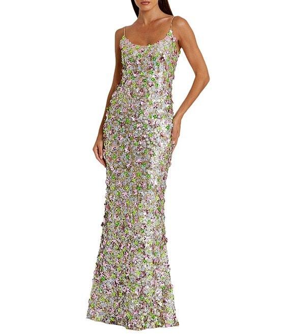 Mac Duggal Scoop Neck Floral Pailletee Embellished Mesh Column Gown Product Image
