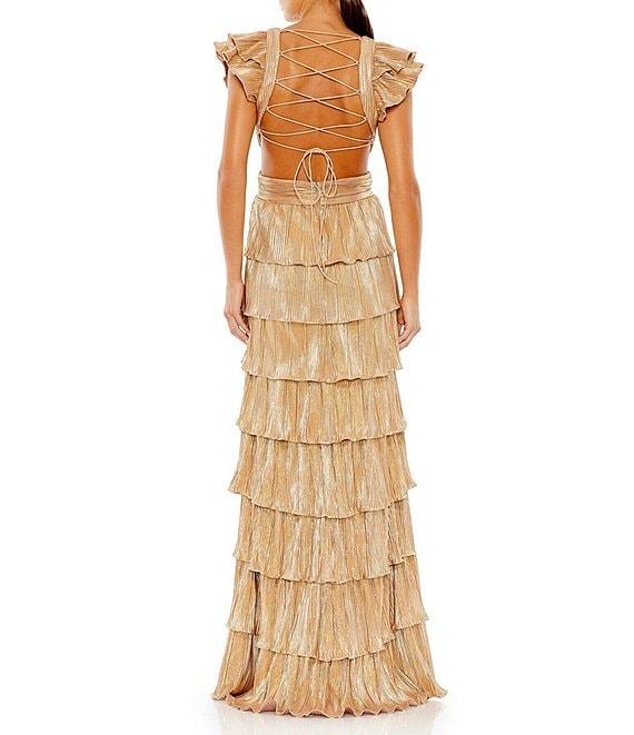 Ieena for Mac Duggal Deep V-Neck Ruffle Shoulder Cap Sleeve Side Cut-Out Tiered Thigh High Slit Gown Product Image