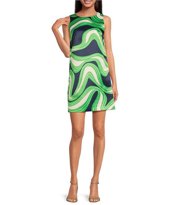Trina Turk Fairy Tale 2 Printed Satin Round Neck Sleeveless Shift Dress Product Image