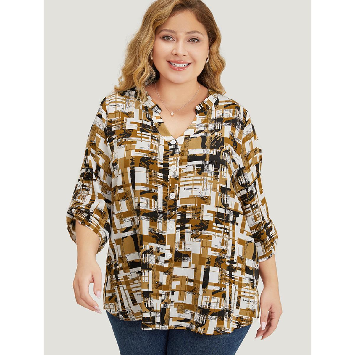 Plus Size Bronze Graphic Print Notched Button Detail Cuffed Sleeve Blouse Women Office Elbow-length sleeve Notched collar Office Blouses BloomChic 28/5X Product Image
