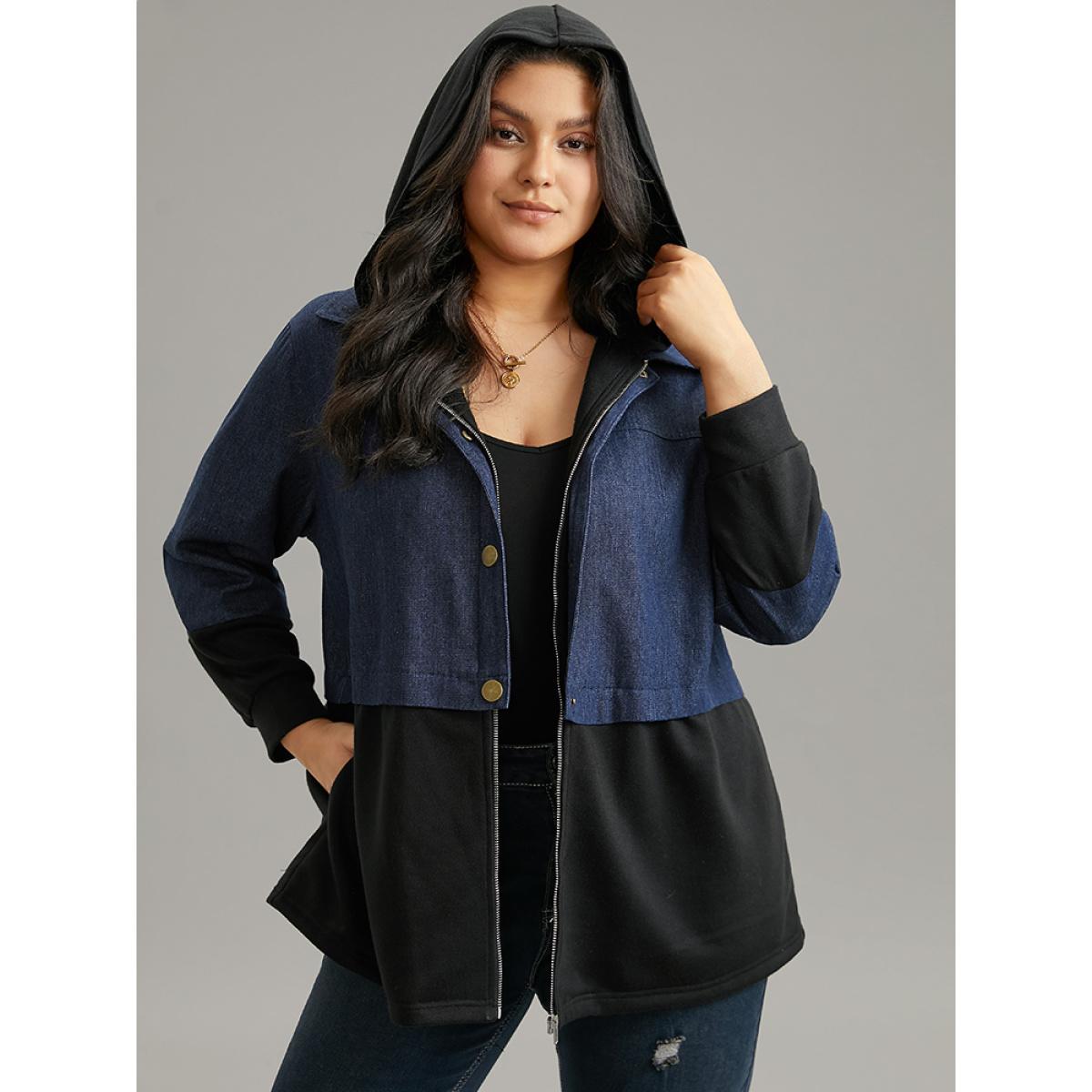 Plus Size Contrast Patchwork Button Up Pocket Zipper Coat Women Black Casual Contrast Ladies Everyday Winter Coats BloomChic 28/5X Product Image