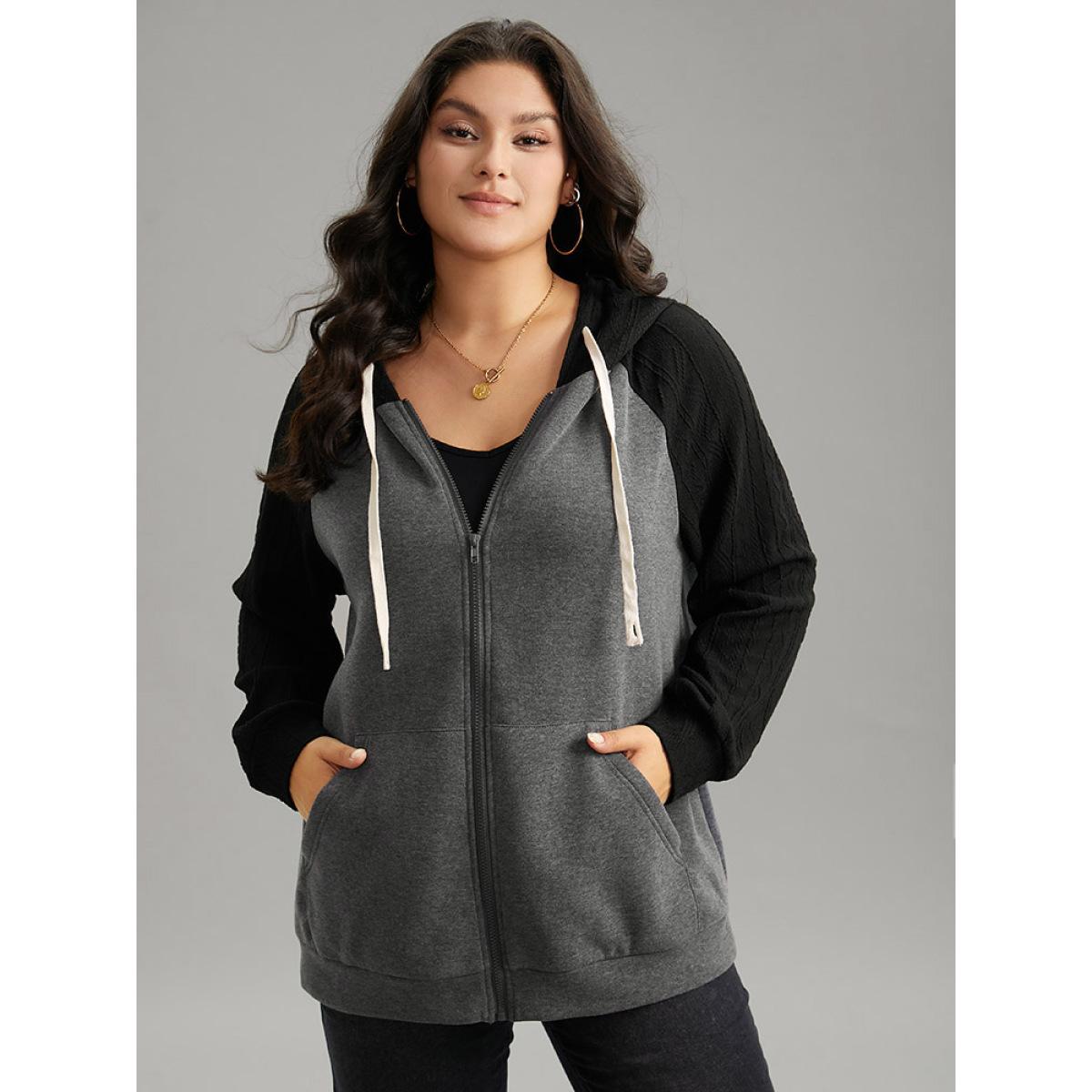 Plus Size Two Tone Textured Jacquard Hooded Jacket Women DimGray Contrast Pocket Dailywear Jackets BloomChic 10/M Product Image