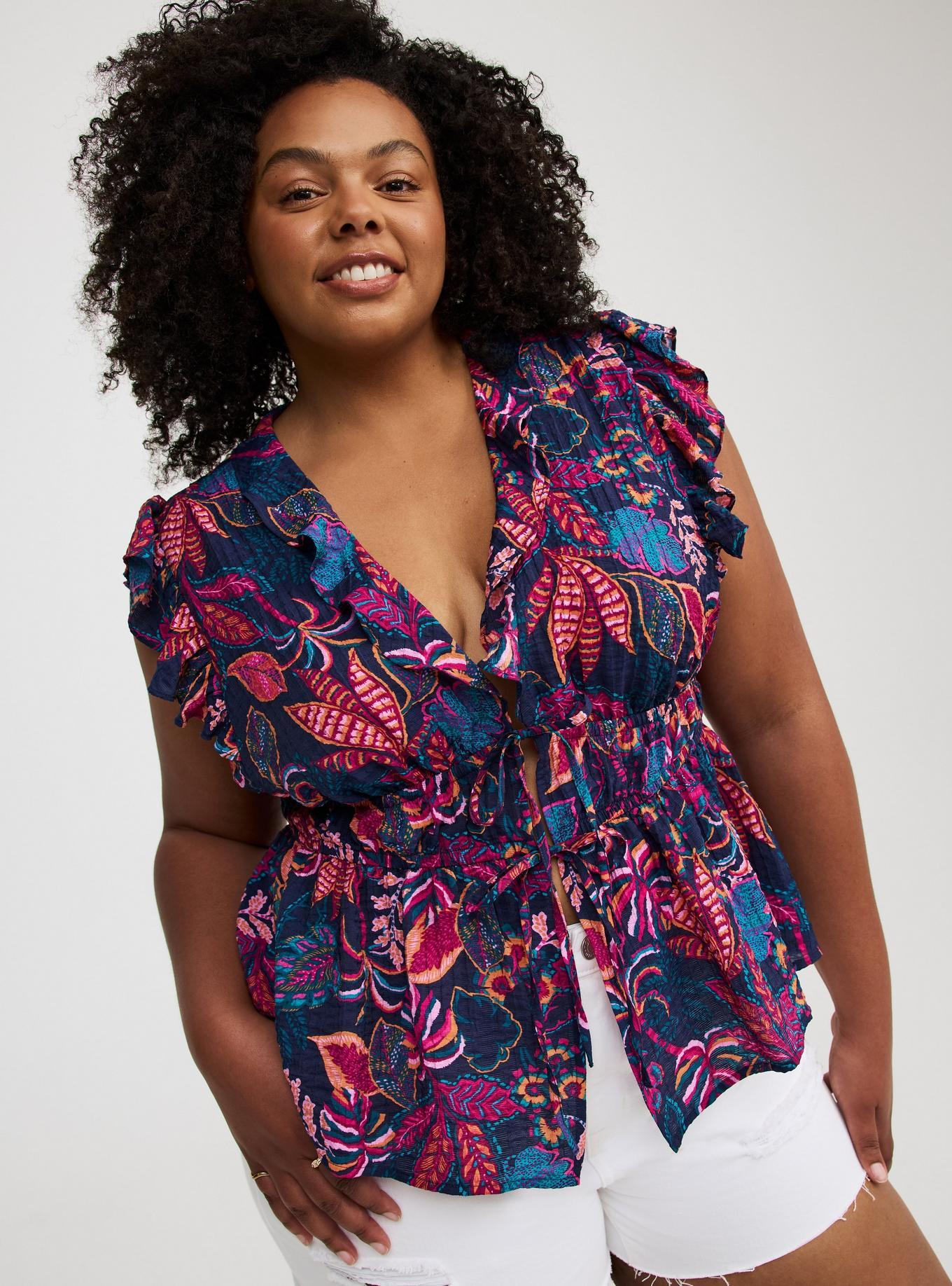 Ruffle V-Neck Tie Front Blouse Product Image