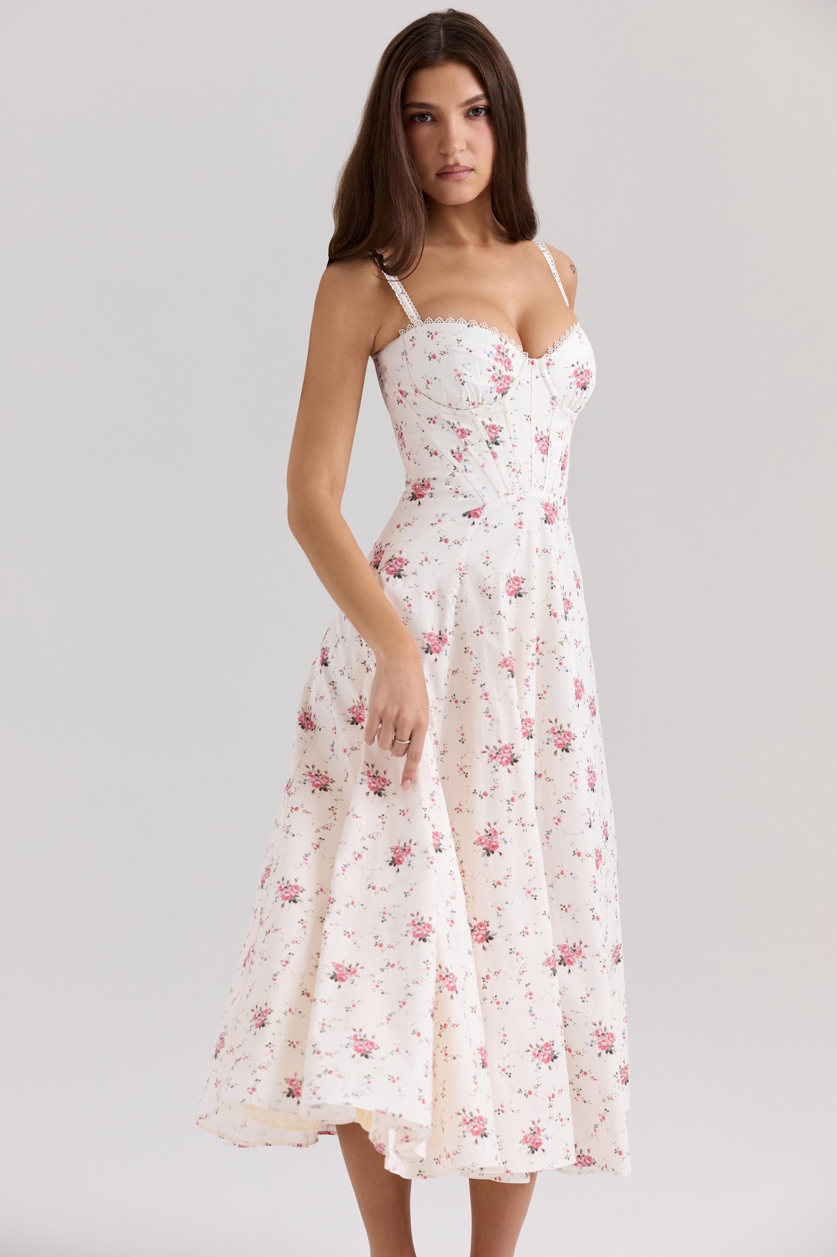 Steffani  white stretch cotton rose print midi sundress Product Image