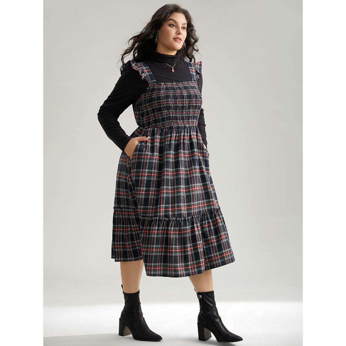 Plus Size Plaid Ruffle Trim Shirred Spaghetti Strap Dress Indigo Women Casual Printed Spaghetti Strap Sleeveless Curvy Midi Dress BloomChic 26/4X Product Image