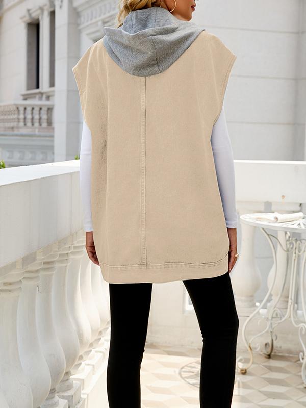 Loose Sleeveless Buttoned Detachable Hooded Pockets Split-Joint Lapel Collar Vest Outerwear Product Image