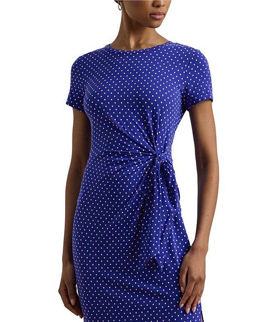 Lauren Ralph Lauren Jersey Knit Dotted Print Crew Neck Short Sleeve Gathered Tie Midi Dress Product Image