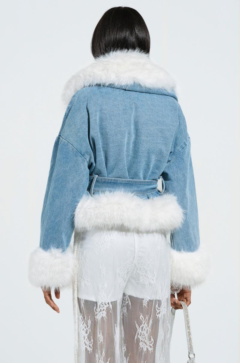 LAINEY FUR TRIM DENIM MOTO Product Image