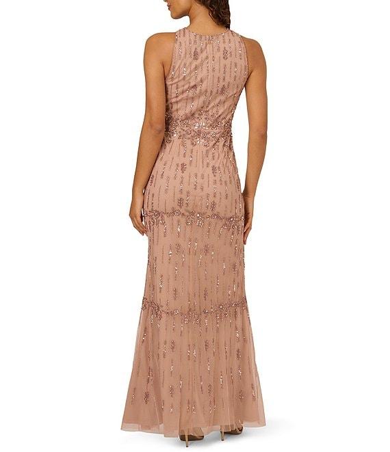 Adrianna Papell Criss Cross Halter Beaded Mesh Sheath Gown Product Image