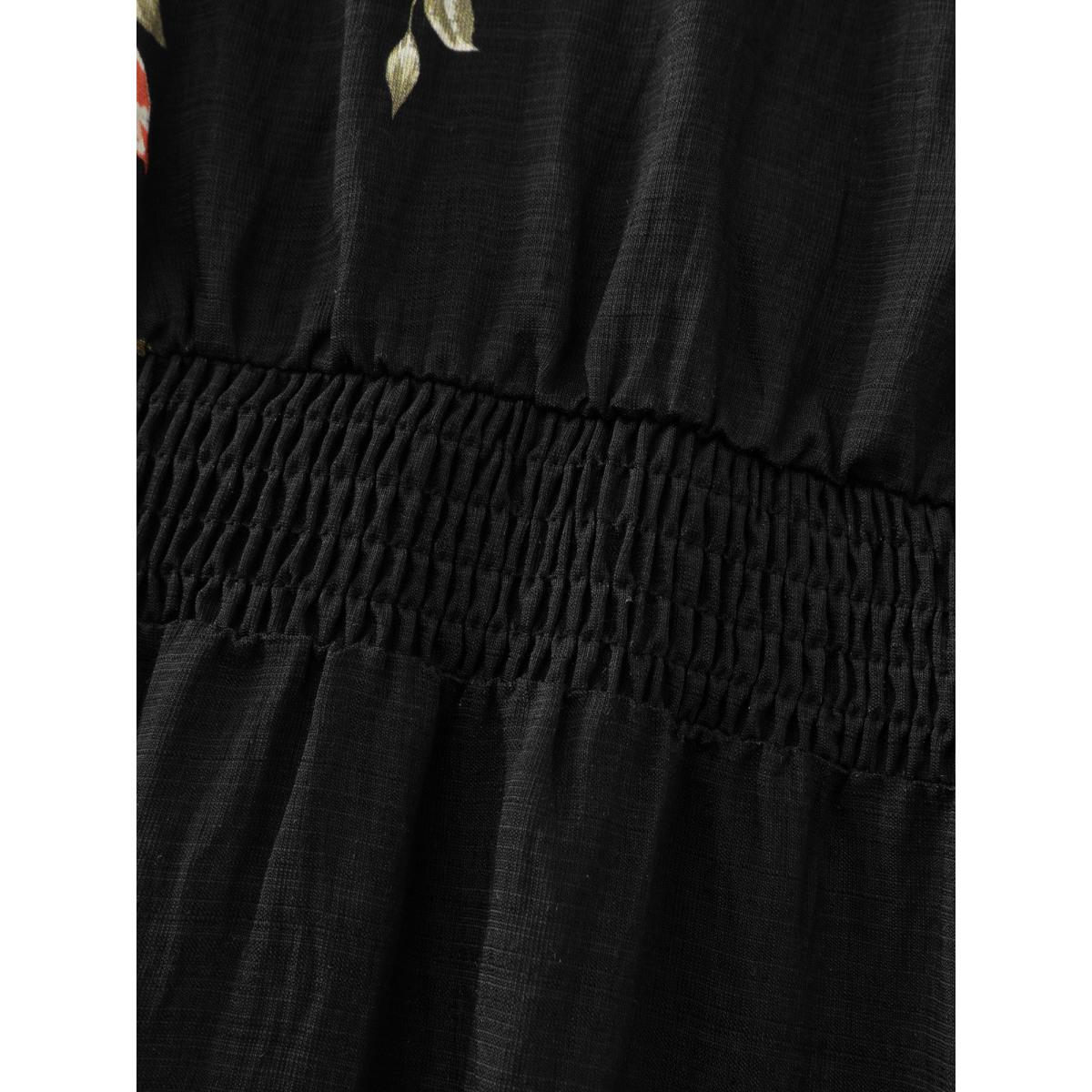 Plus Size Floral Shirred Waist Neck-Tie Midi Dress Black Women Timeless Gathered Flat collar with V-notch Extra Long Sleeve Curvy BloomChic 30/6X Product Image