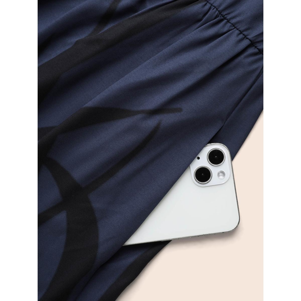 Plus Size Boho Print Belted Lantern Sleeve Dress DarkBlue Women Casual Belted Round Neck Long Sleeve Curvy BloomChic 26/4X Product Image