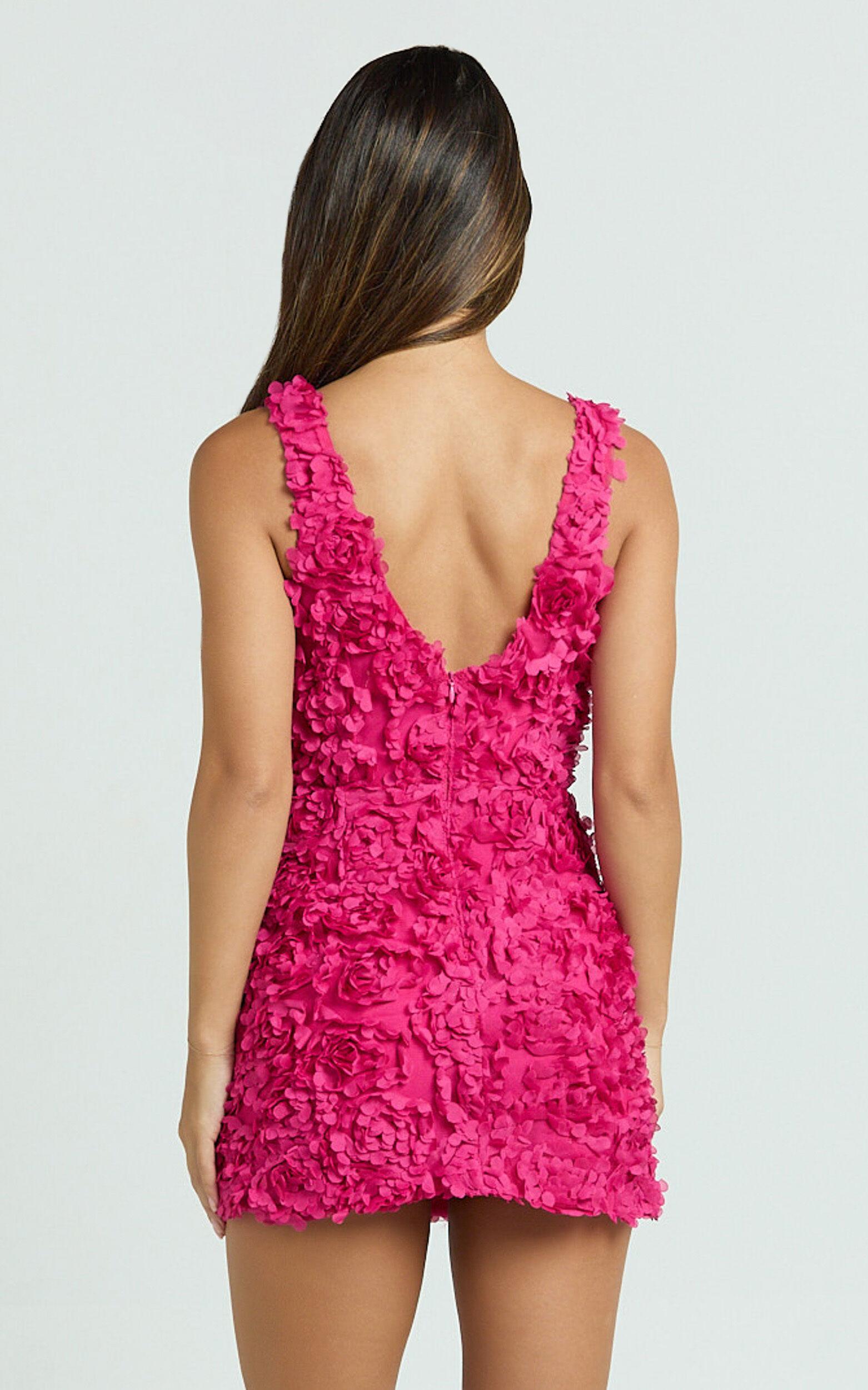 Viola Mini Dress - 3D Floral Plunge Neck Dress in Pink Product Image