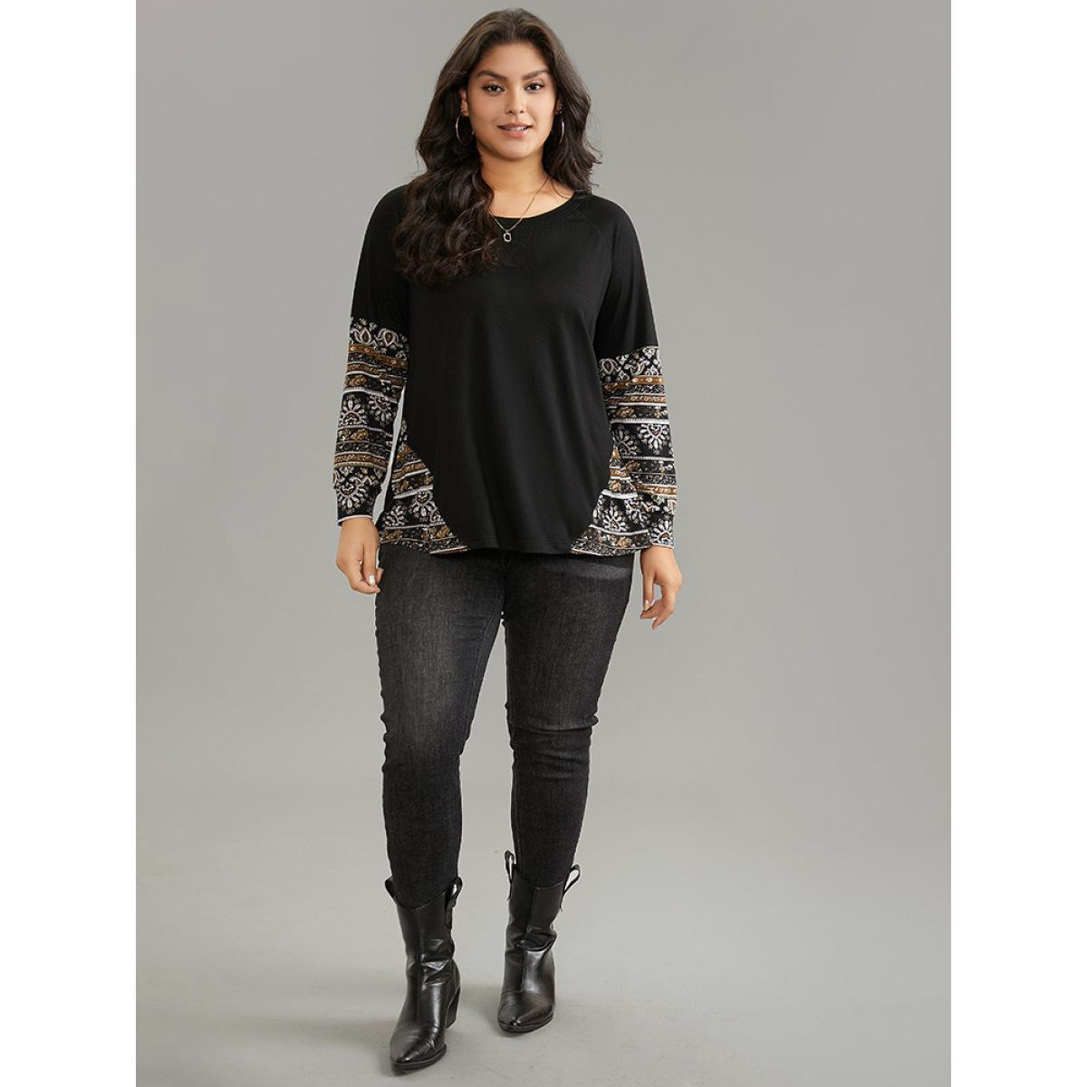 Plus Size Bandana Print Patchwork Raglan Sleeve T-shirt Black Women Casual Contrast Bohemian Print Round Neck Dailywear T-shirts BloomChic 14-16/1X Product Image