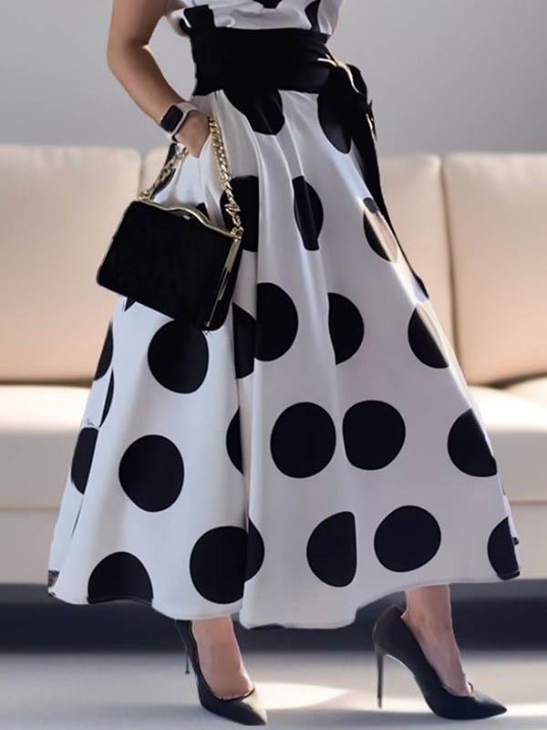A-Line Sleeveless Polka-Dot Split-Joint Tied Waist Lapel Maxi Dresses Shirt Dress Product Image