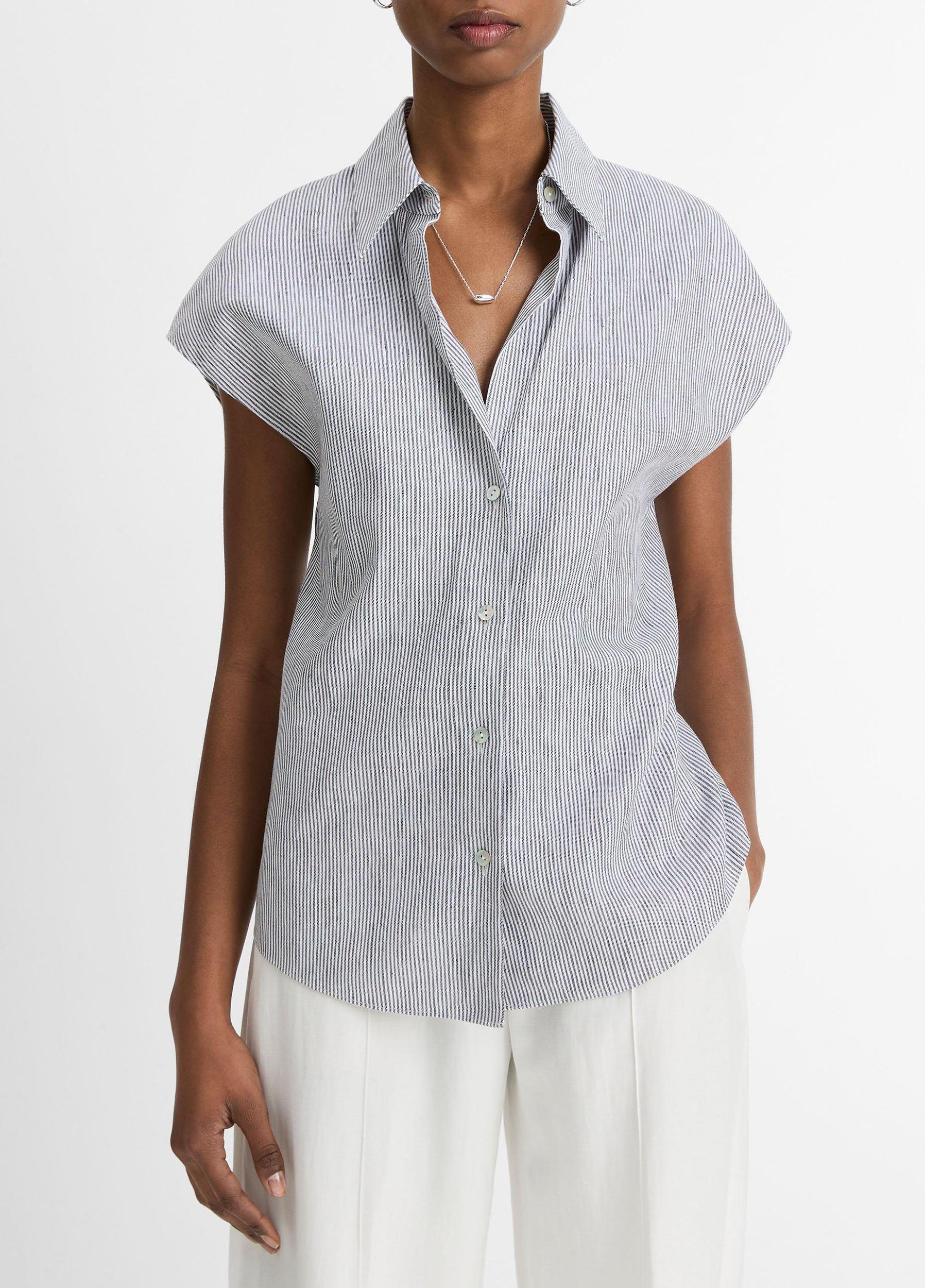 Ticking Stripe Linen-Cotton Cap-Sleeve Blouse Product Image