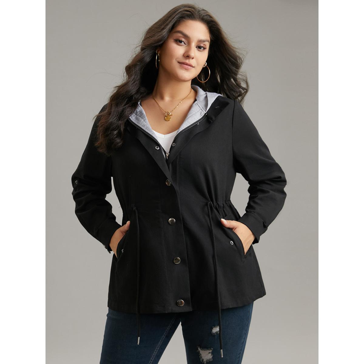 Plus Size Contrast Hooded Drawstring Zipper Button Up Jacket Women Black Contrast Pocket Dailywear Jackets BloomChic 28/5X Product Image