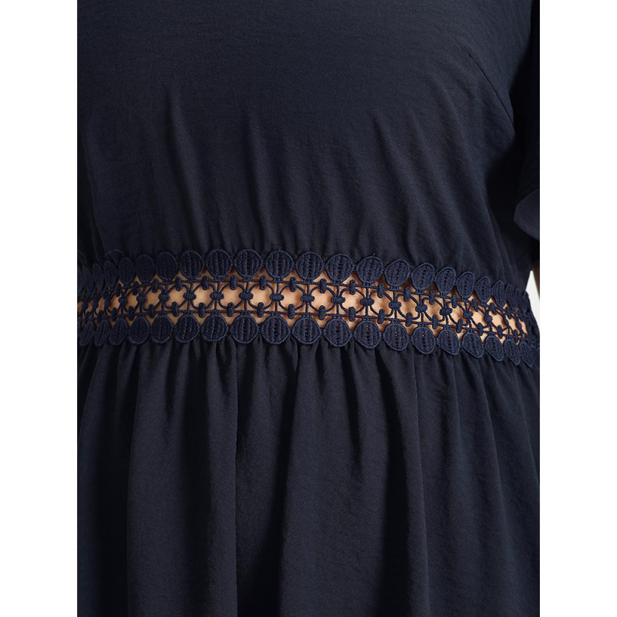 Plus Size Solid V Neck Eyelet Lace Split Sleeve Midi Dress DarkBlue Women Patchwork V-neck Short sleeve Curvy Midi Dress BloomChic 10/M Product Image