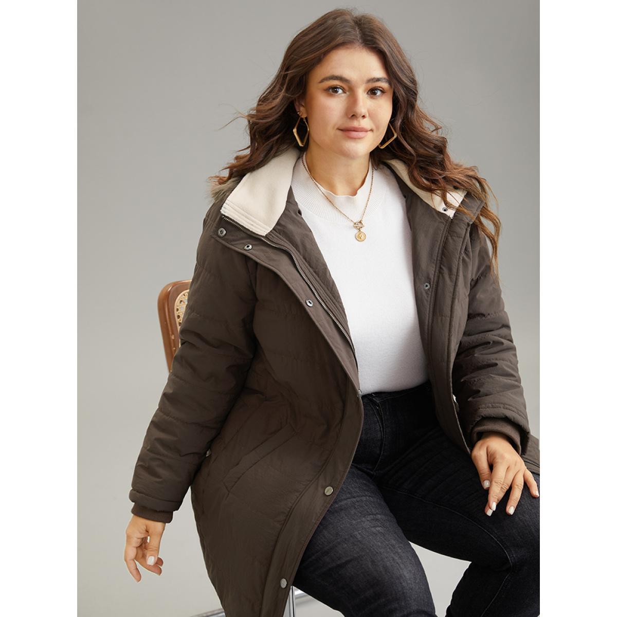 Plus Size Contrast Pocket Fuzzy Detail Zipper Fly Coat Women DarkBrown Casual Rib Knit Ladies Dailywear Winter Coats BloomChic 26/4X Product Image
