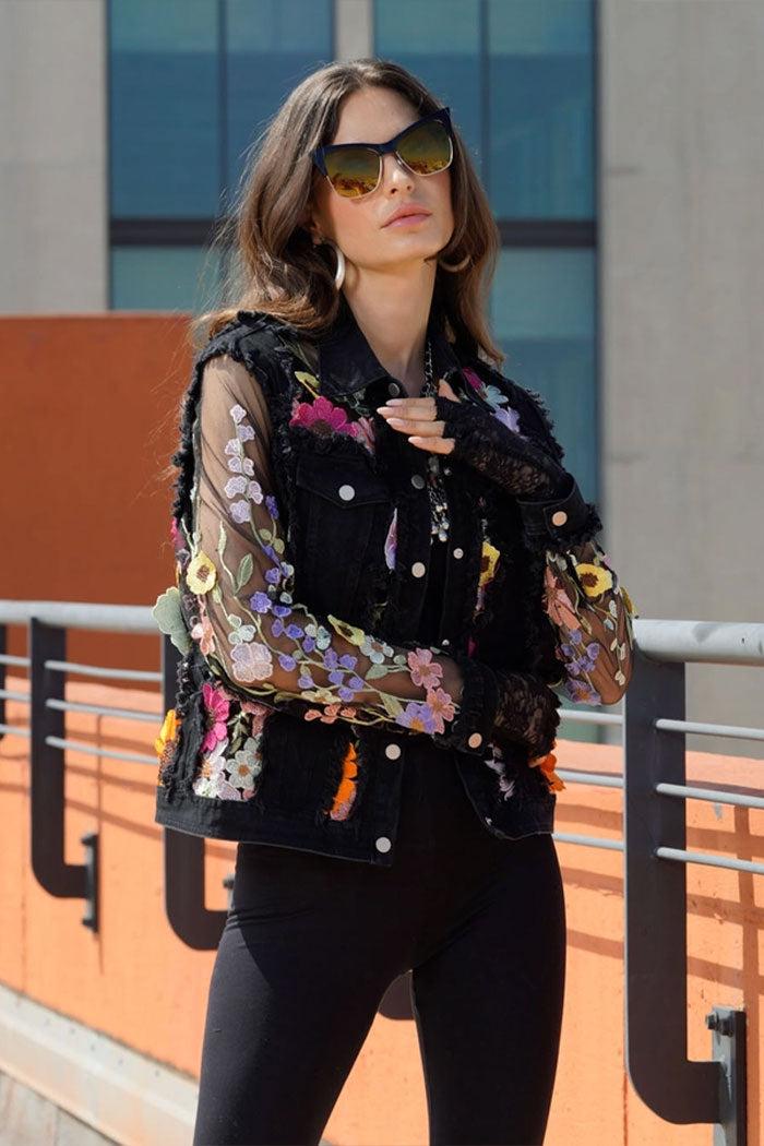 Denim Lace Jacket with Floral Embroidery Product Image