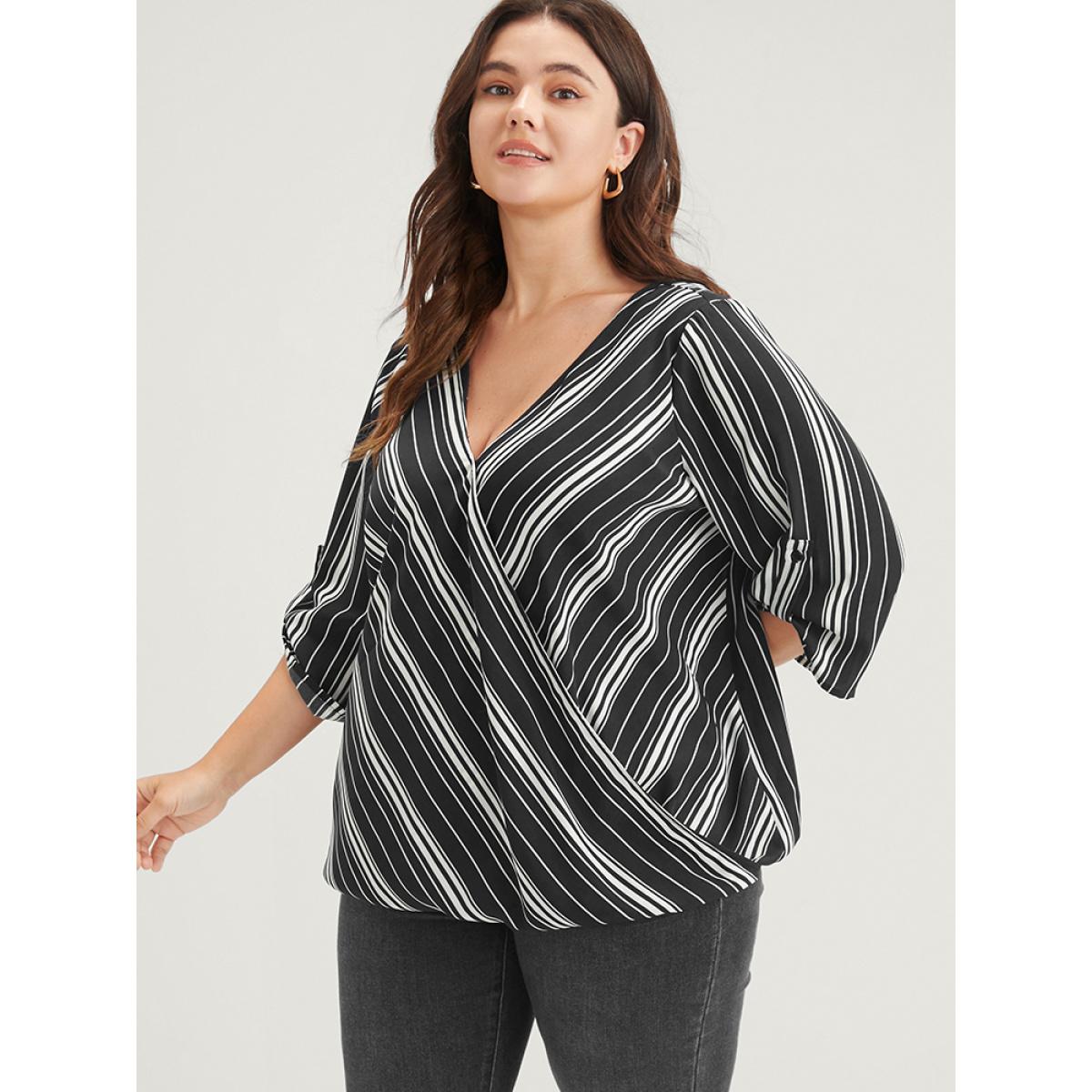 Plus Size Black Striped Button Cuffed Sleeve Wrap Blouse Women Vacation Short sleeve V-neck Dailywear Blouses BloomChic 14-16/1X Product Image