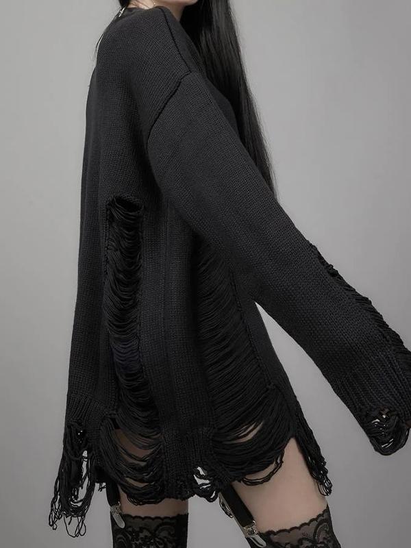 Cross Print Cutout Tattered Design Sweater Product Image