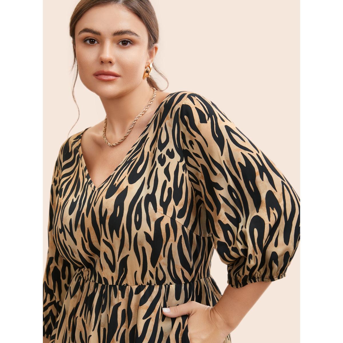 Plus Size Leopard Print Tie Knot Lantern Sleeve Dress Yellowishbrown Women Workwear Essentials Tie knot V-neck Elbow-length sleeve Curvy BloomChic 28/5X Product Image