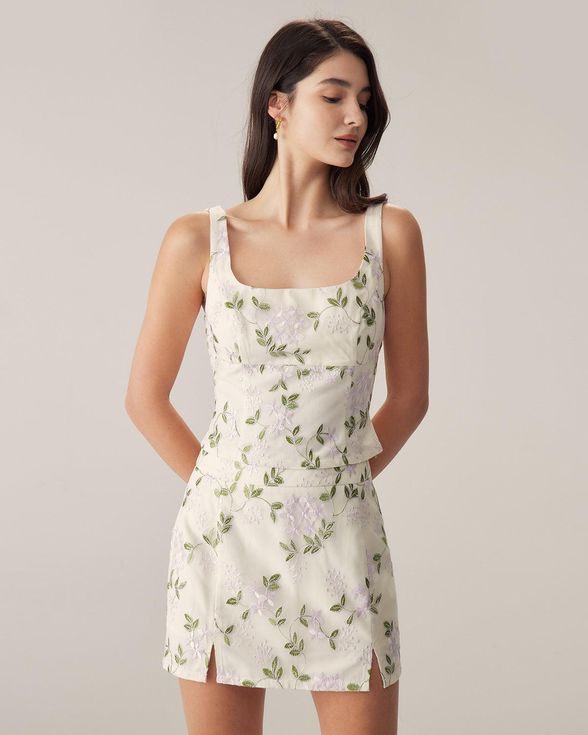 Beige Floral Straight Mini Skirt Product Image