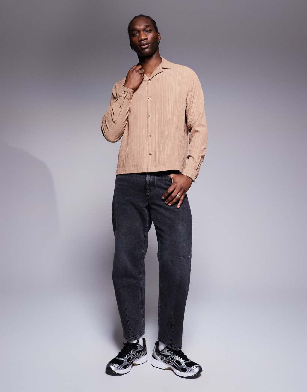 ASOS DESIGN boxy textured regular shirt in neutral Product Image