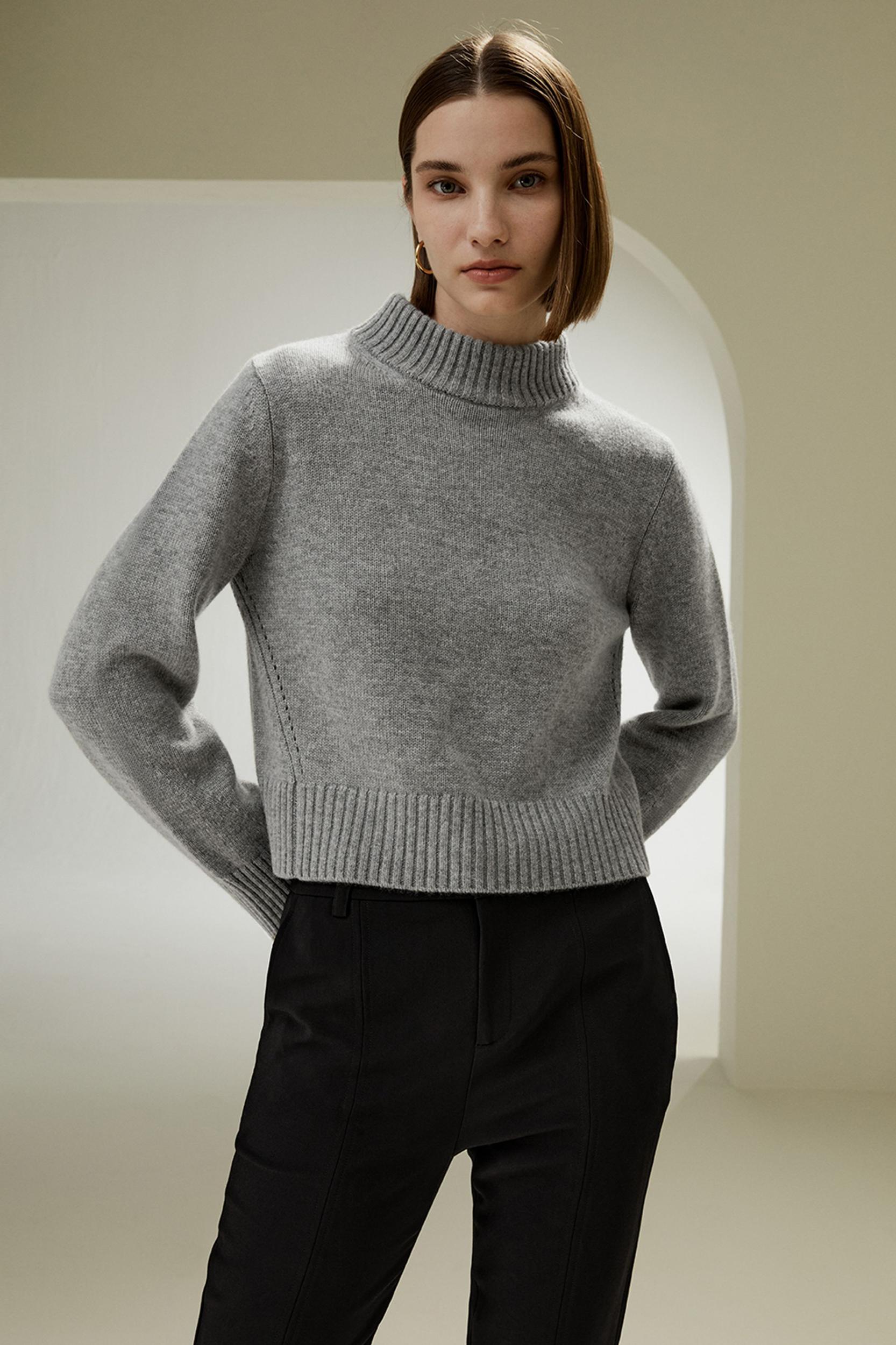 Ribbed Collar and Hemline Wool Cashmere Sweater Product Image