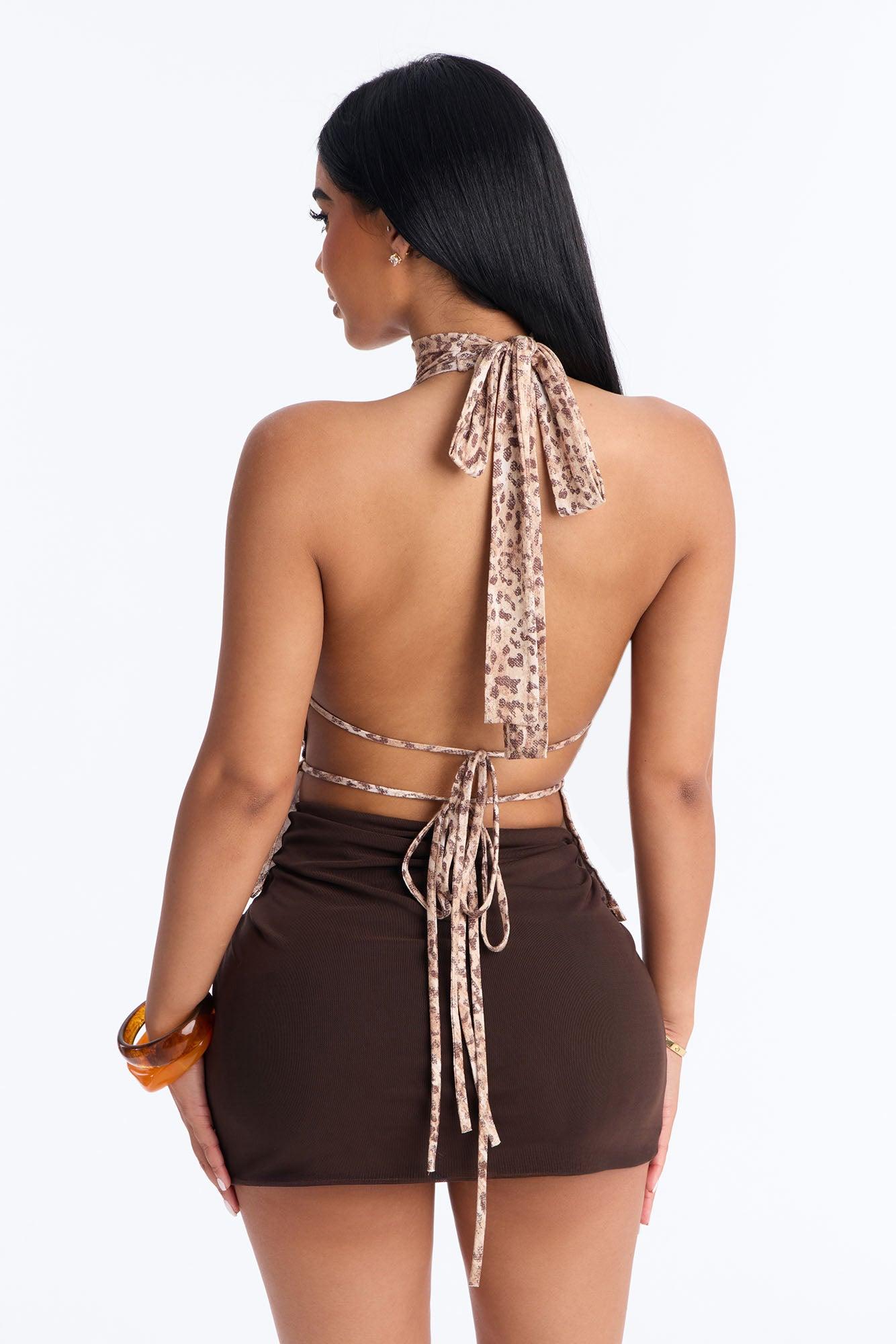 Fierce Attraction High Neck Flyaway Halter Top - Taupe/combo Female Product Image