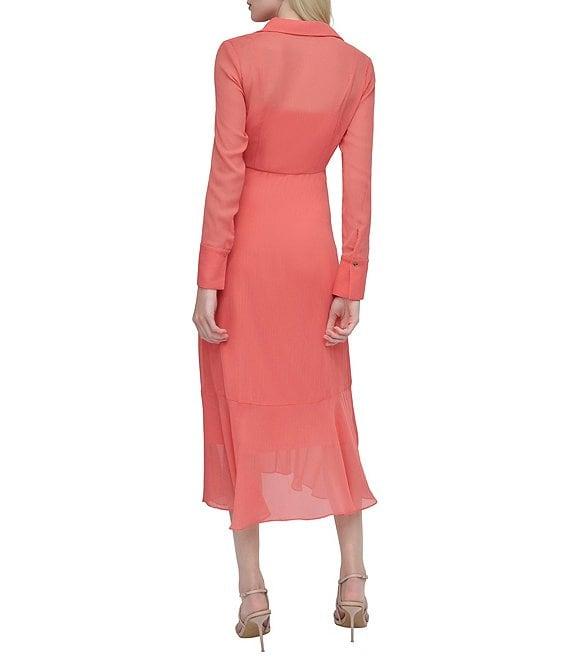 DKNY by Donna Karan Woven Collar V Neck Long Sleeve Front Twist A-Line Midi Dress Product Image