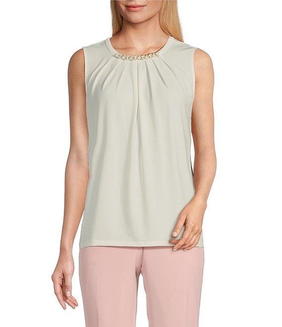 Kasper Knit Jewel Pleat Round Neck Sleeveless Top Product Image