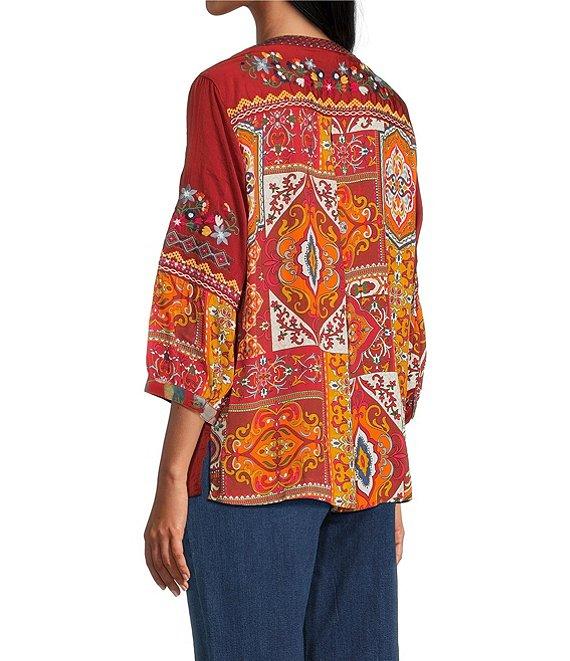 John Mark Embroidered Multi Patch Split V-Neck 3/4 Sleeve Hi-Low Hem Tunic Product Image
