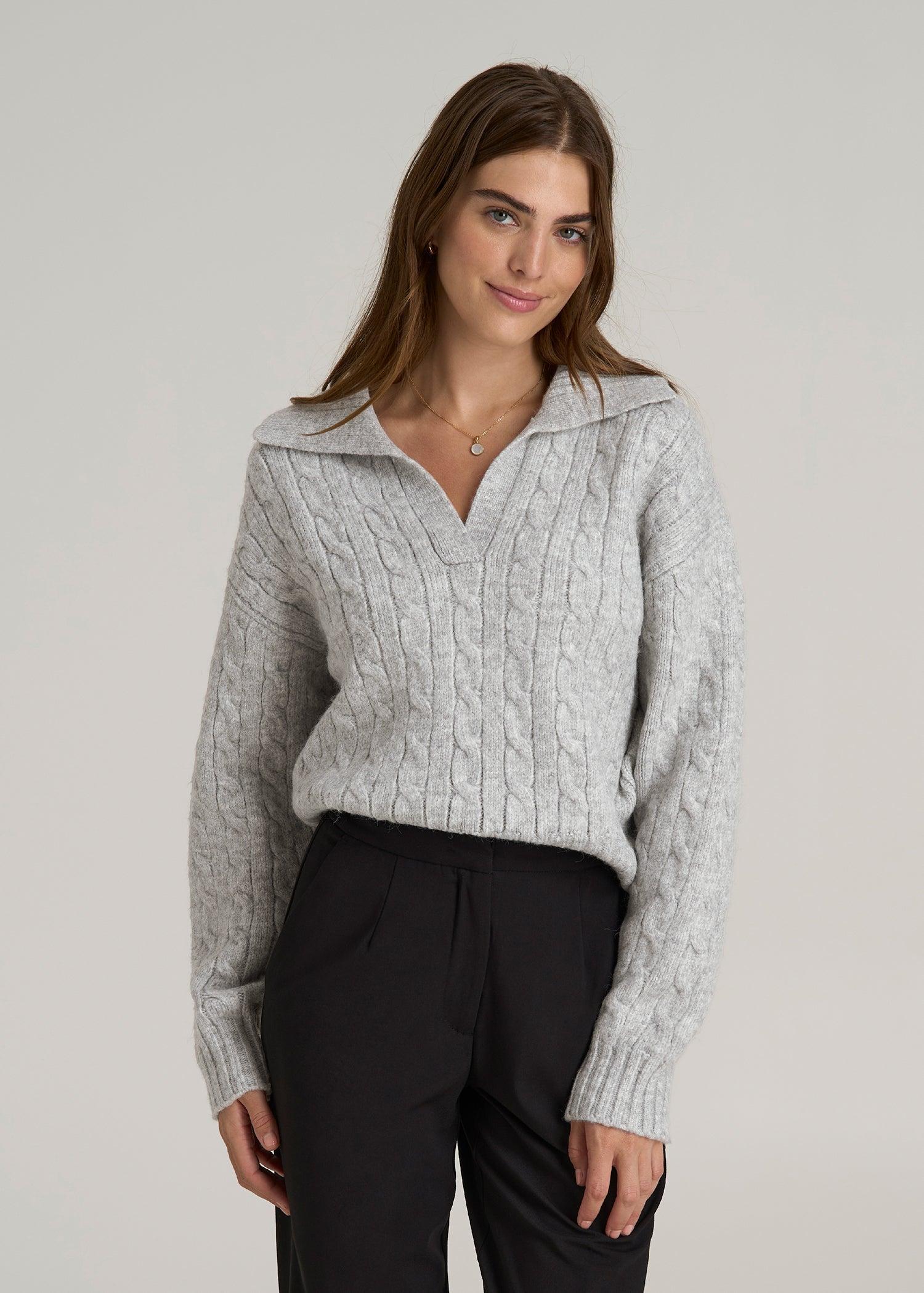 Johnny Collar Cable Knit Sweater for Tall Women in Grey Mix Female Product Image