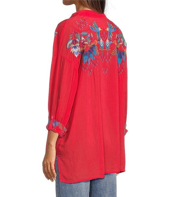 JOHNNY WAS Audrey Embroidered Placement Floral Point Collar Roll-Tab Long Sleeve Five-Button Half-Placket Tunic Product Image